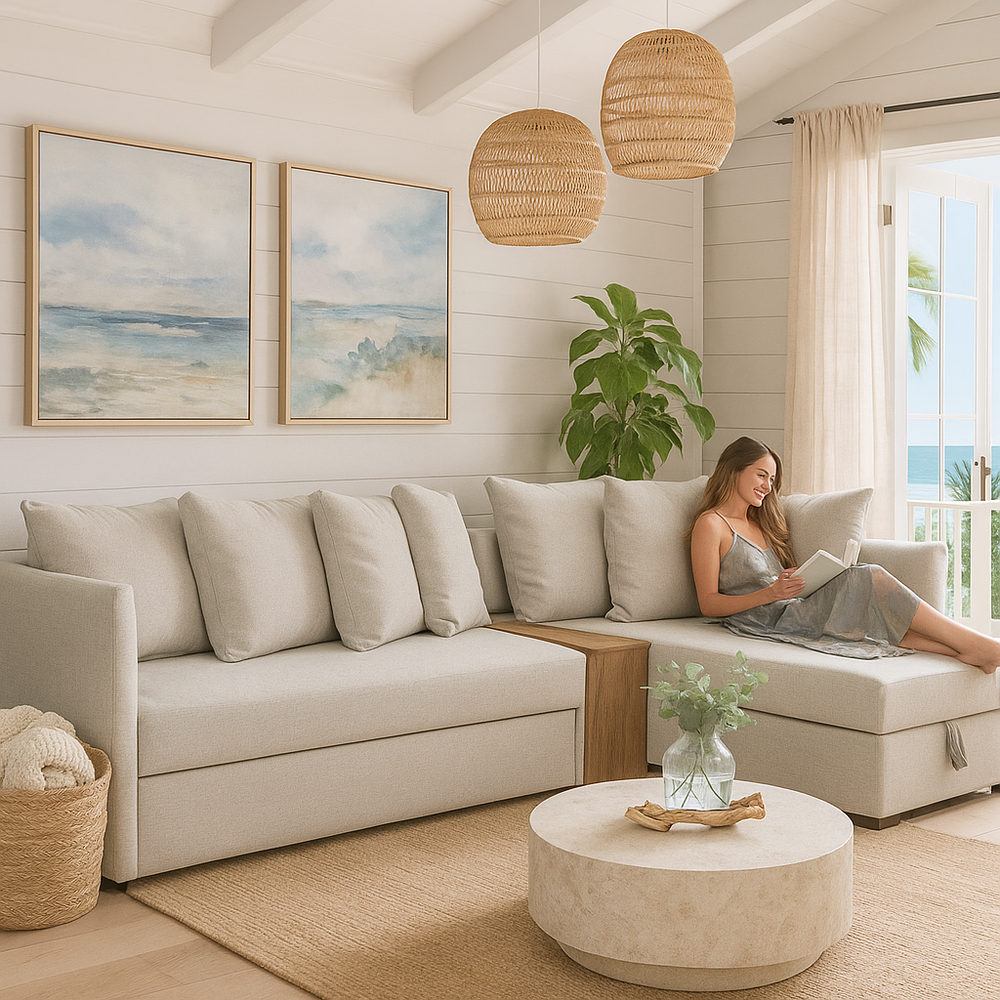 Glory 5-seat sofa-bed with chaise longue & middle table