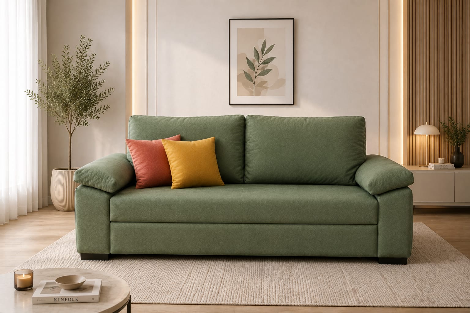 A green upholstered loveseat sofa in a modern living room setting, styled with two accent pillows in coral pink and mustard yellow, set against a neutral beige wall with warm ambient lighting.